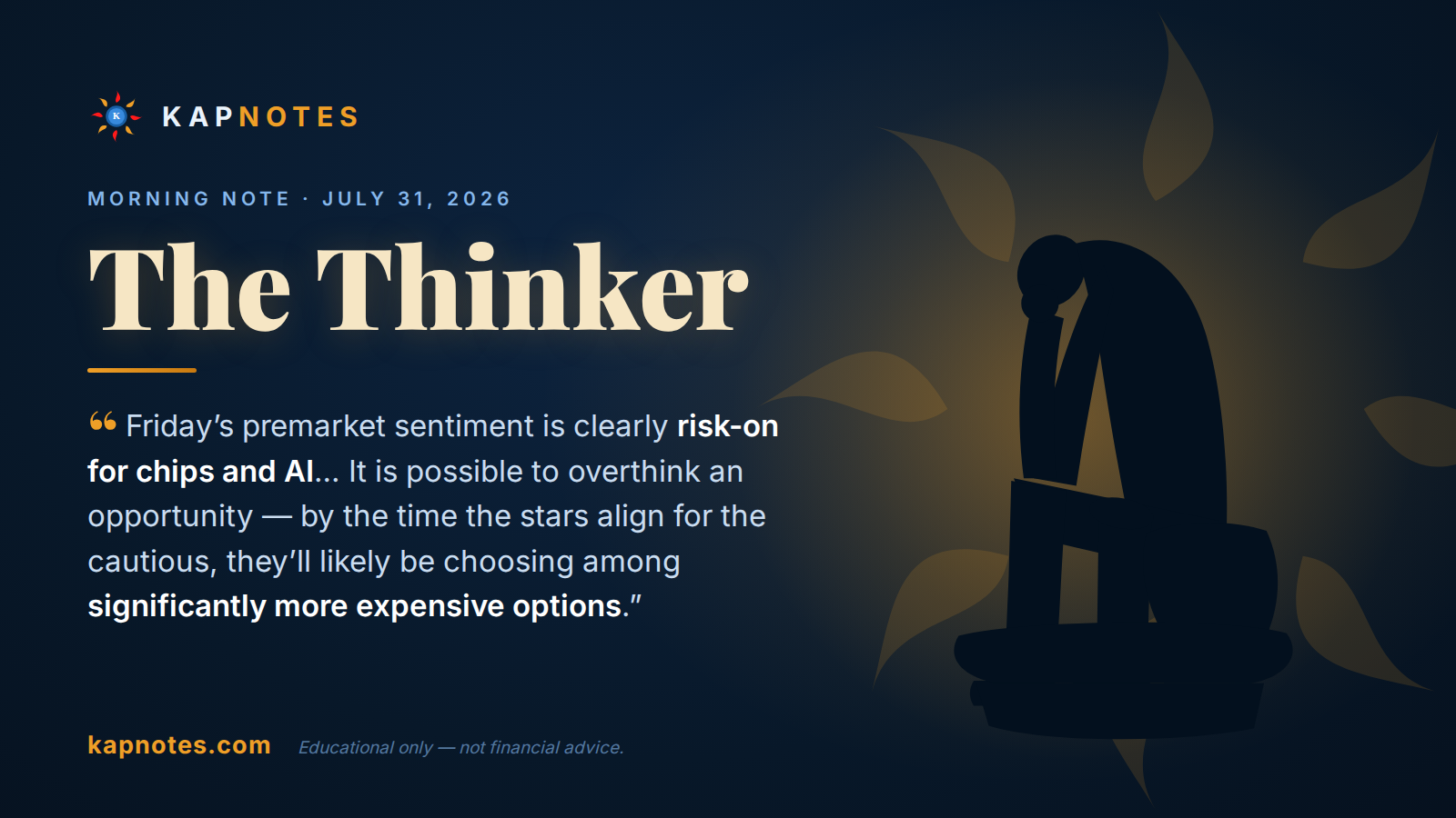 The Thinker — stylized silhouette of Rodin's sculpture against a gold sunburst, beside a quote from the July 31, 2026 Kapnotes morning note.