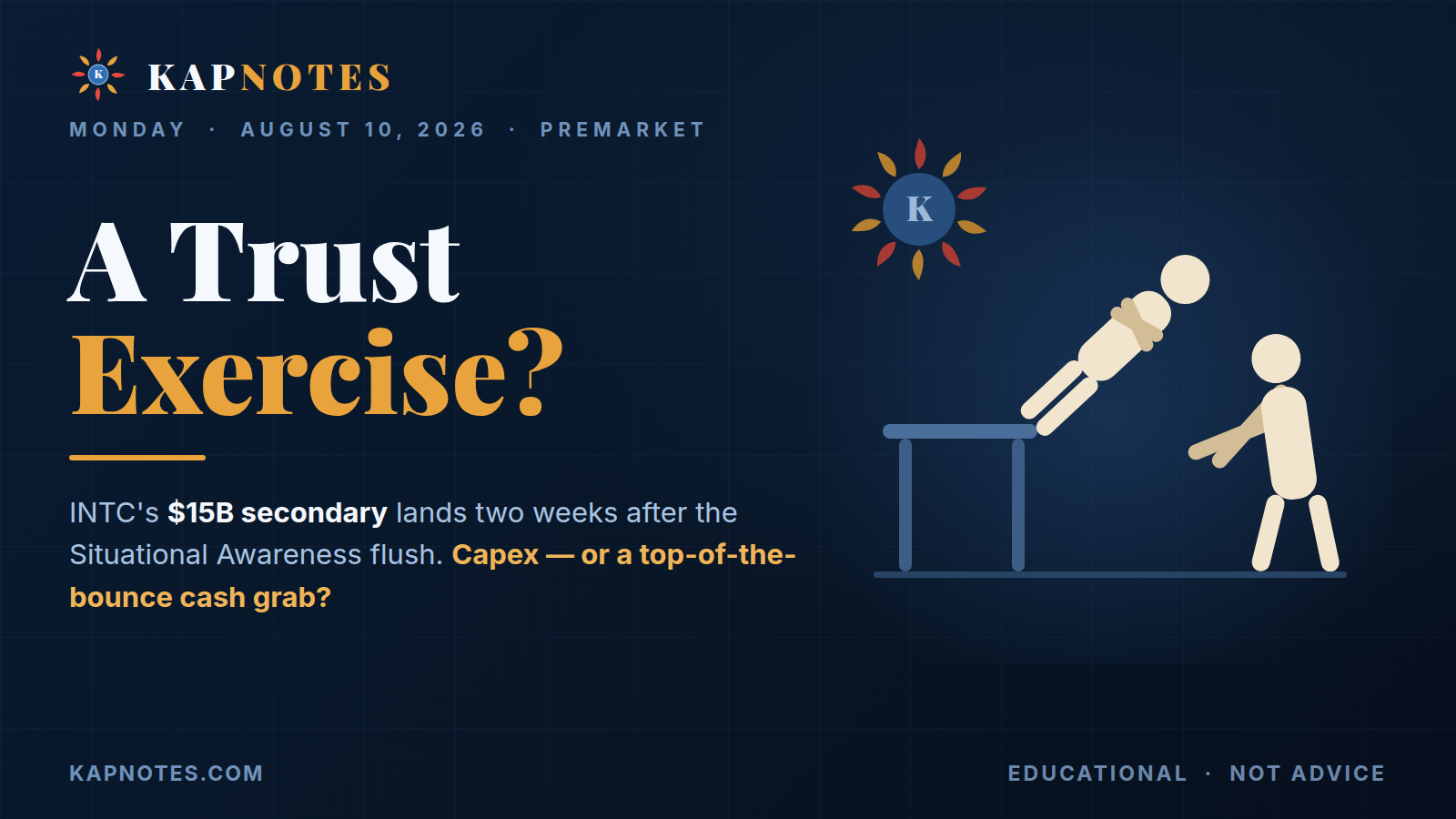 A Trust Exercise? — illustration of a figure falling backward off a platform toward a catcher's outstretched arms, from the August 10, 2026 Kapnotes morning note on INTC's $15 billion secondary offering.