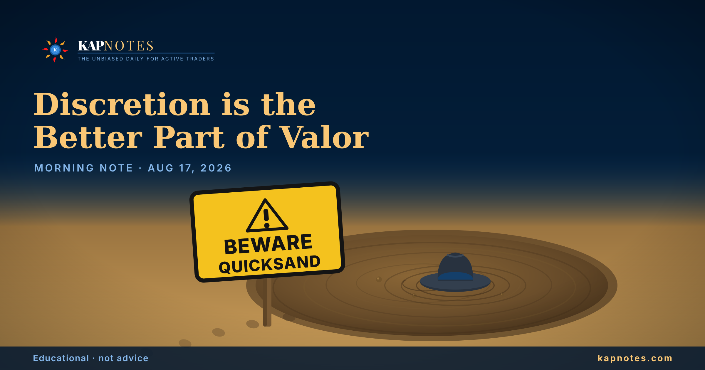 A pool of quicksand with a hat sinking in the middle, footprints leading up to the edge, and a yellow 'Beware Quicksand' warning sign — the Kapnotes card for the August 17, 2026 morning note on discretion and tradability.